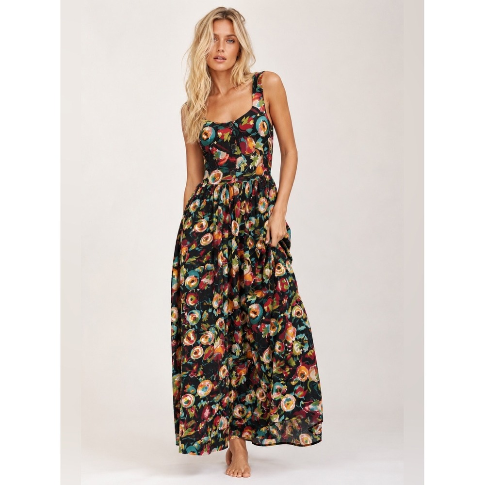 Vintage Fruit Print Maxi Dress Circles In Sand Bold Eclectic Coastal Resort Vaca